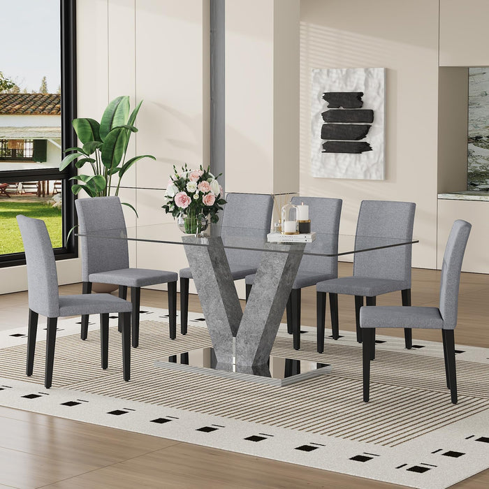 71" Glass Dining Table Set for 6, 7-Piece Glass Dining Table Set with Chairs & Rounded-Corner Tempered Glasss Tabletop, Kitchen Table Set for 6 Ideal for Kitchen Dining Room