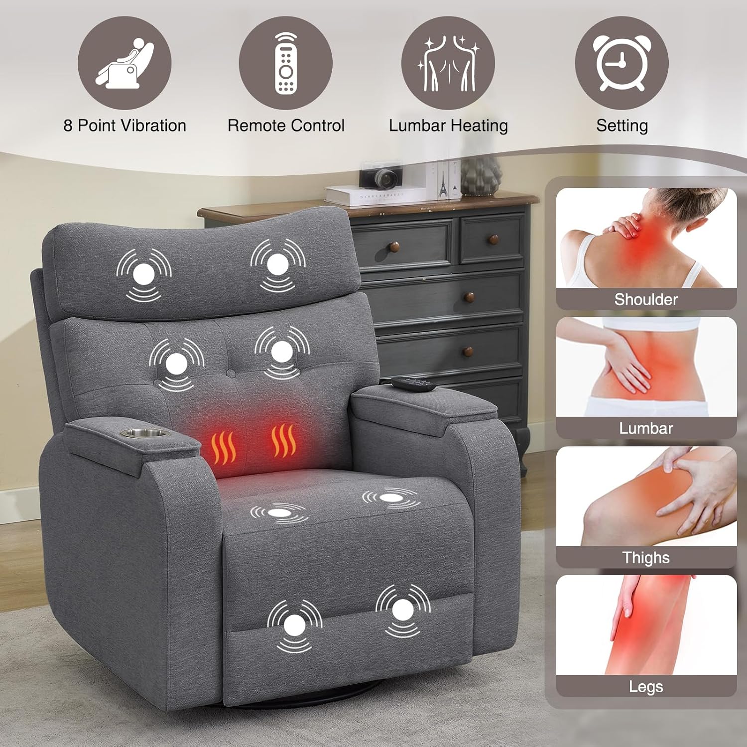 Power Swivel Rocker Recliner with Massage&Heat,Swivel Glider Recliner Chair | Nursery Rocking Recliner with Type-C Port&Timing,Power Swivel Reclining Glider Chair with Dual Storage Arms&Cup Holder Grey
