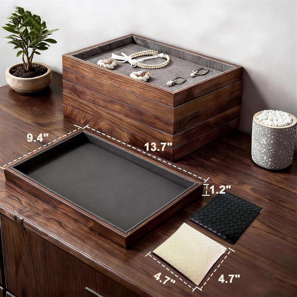 Large Solid Wood Jewelry Watch Tray, Velvet Jewelry Board Display Trays for Key Wallet Ring，Stackable Wooden Jewelry Drawer Organizer Showcase Jewelry Holder(Grey)