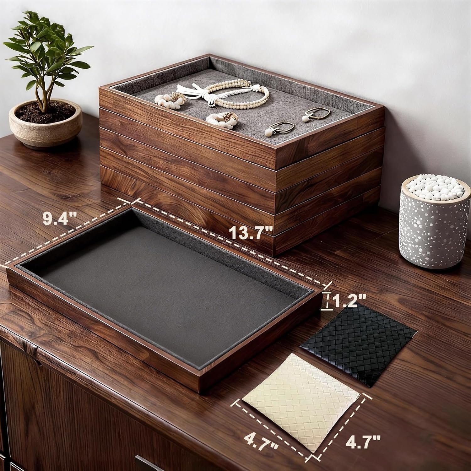 Large Solid Wood Jewelry Watch Tray, Velvet Jewelry Board Display Trays for Key Wallet Ring，Stackable Wooden Jewelry Drawer Organizer Showcase Jewelry Holder(Grey)