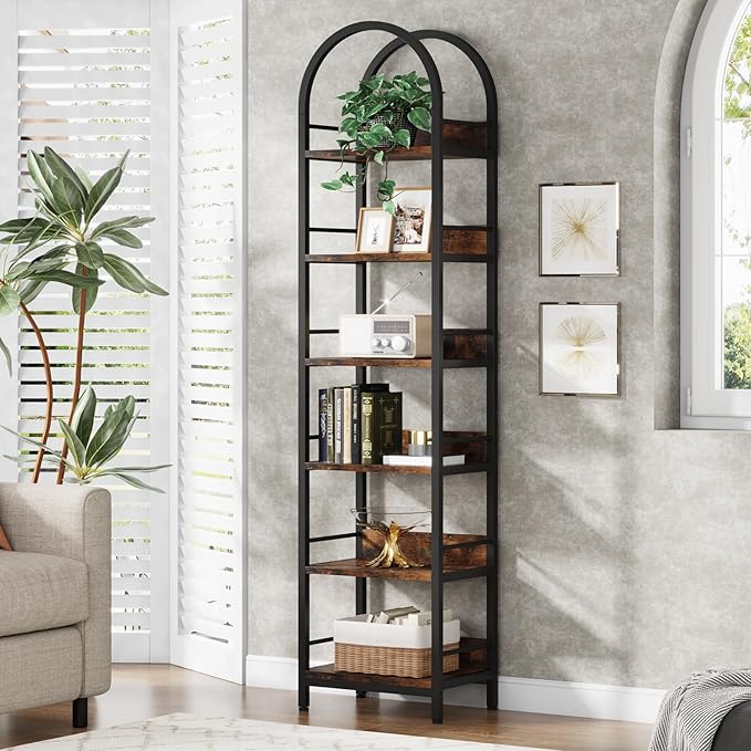 LITTLE TREE 78.7 Inches Tall Arched Bookshelf, 6 Tiers Skinny Open Bookcase w...