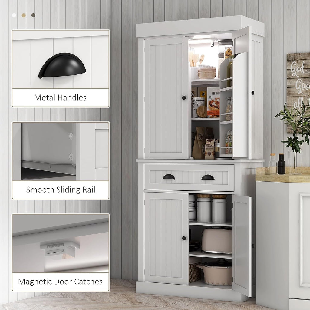 71" Kitchen Pantry Cabinet with Motion Sensor Light, Tall Storage Cabinet with 6 Door Shelves, A Drawer & 4 Adjustable Shelves, for Living Room, Dining Room, White,for Kitchen