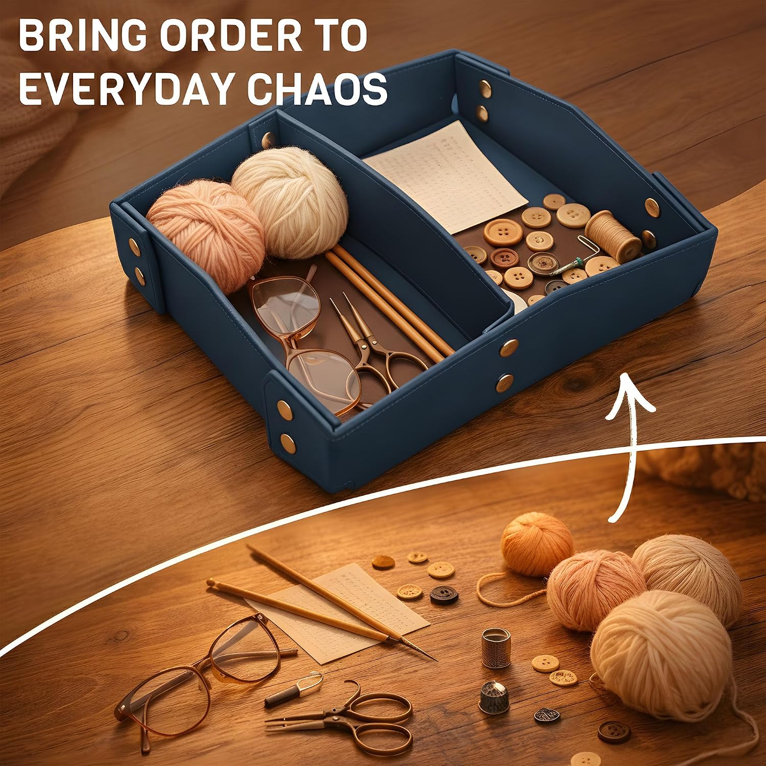 Valet Tray Organizer for Men & Women - PU Leather Catch All Tray with Removable Divider - EDC Storage for Keys, Watch, Phone - Nightstand, Dresser & Desk Organizer - Pacific Navy