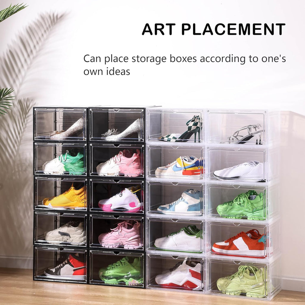 Clear Shoe Box Plastic Stackable Upgraded 6 Pack Shoe Storage Box Organizer with Clear Large Magnetic Door for Display Sneakers Easy Assembly, White