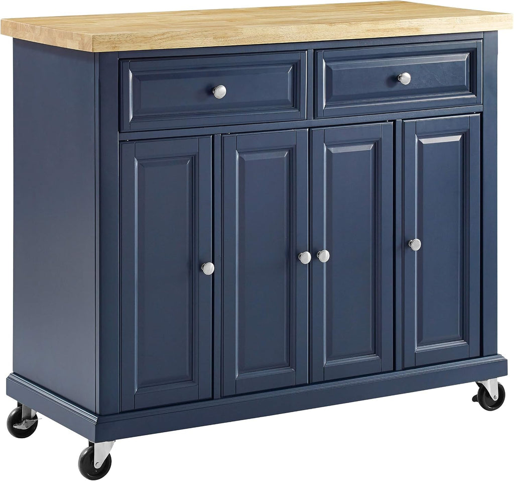 Crosley Furniture Madison Madison Rolling Kitchen Island Cart, Microwave Stand, Coffee Bar, with Shelves and Drawers, Navy