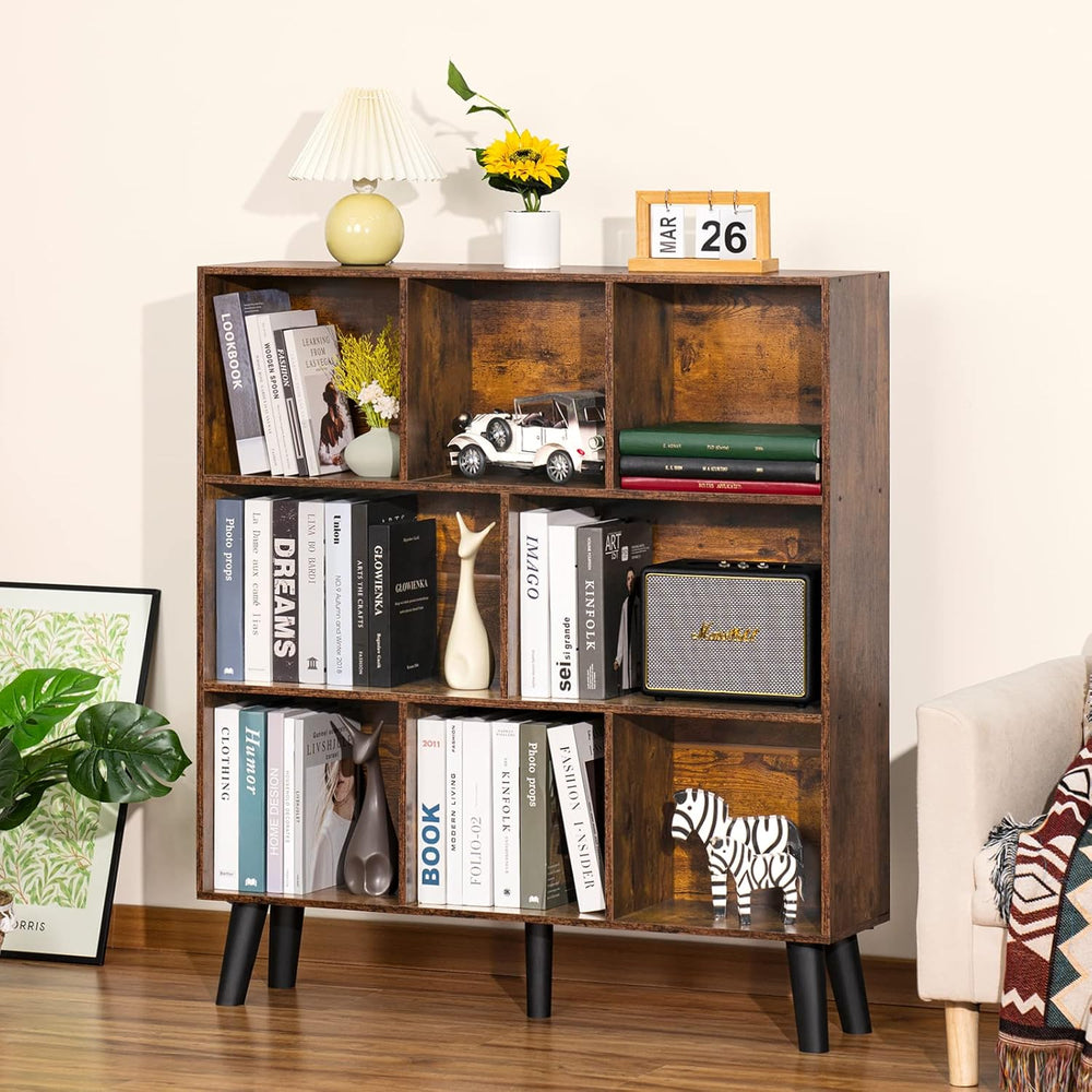 LEYAOYAO 8 Cube Bookshelf,3 Tier Bookcase with Legs,Rustic Brown Mid-Century ...