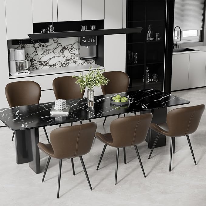 Nalupatio Dining Chairs Set of 6, Modern Dining Room Chairs Comfy Backrest Thick Upholstered Kitchen Chairs 19IN Height with Metal Legs Coffee（Pu Leather）