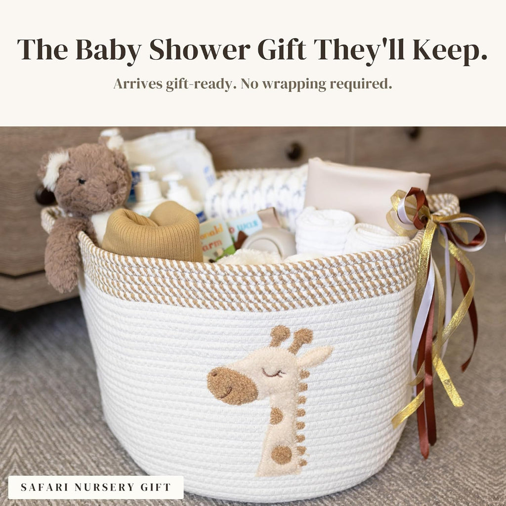 Giraffe Baby Storage Basket, Woven Cotton Rope Nursery Bin, 15x11 in | Stuffed Animal and Blanket Storage, Soft Felt Giraffe Patch, Safari Nursery Decor, Baby Shower, Kids Playroom Organizer