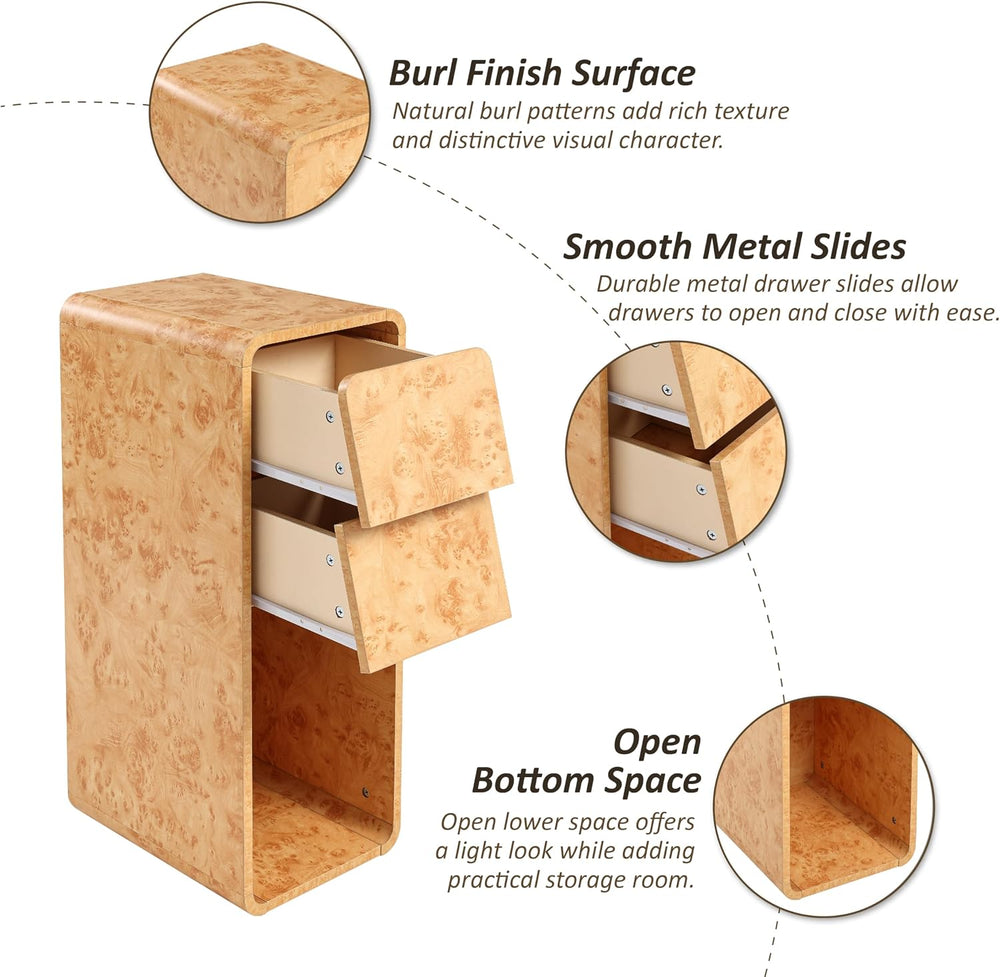 Aoikax Modern Burl Finish End Table with 2 Drawers and Open Storage, Curved W...