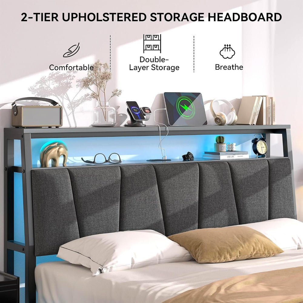 FreeHouse Queen Bed Frame with 2-Tier Storage Headboard and 2 Drawers, Grey