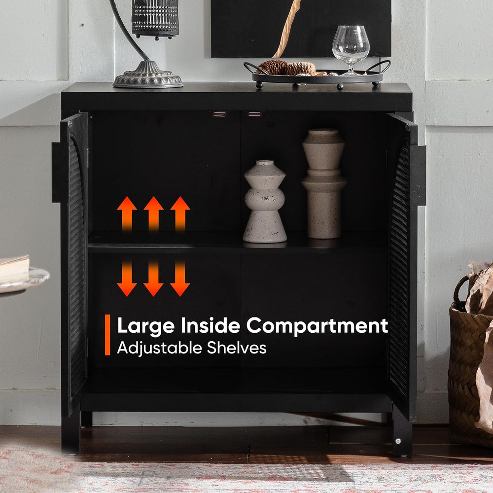 Black 28.94“W Buffet Cabinet with Storage, Accent Sideboard with Rattan Doors...