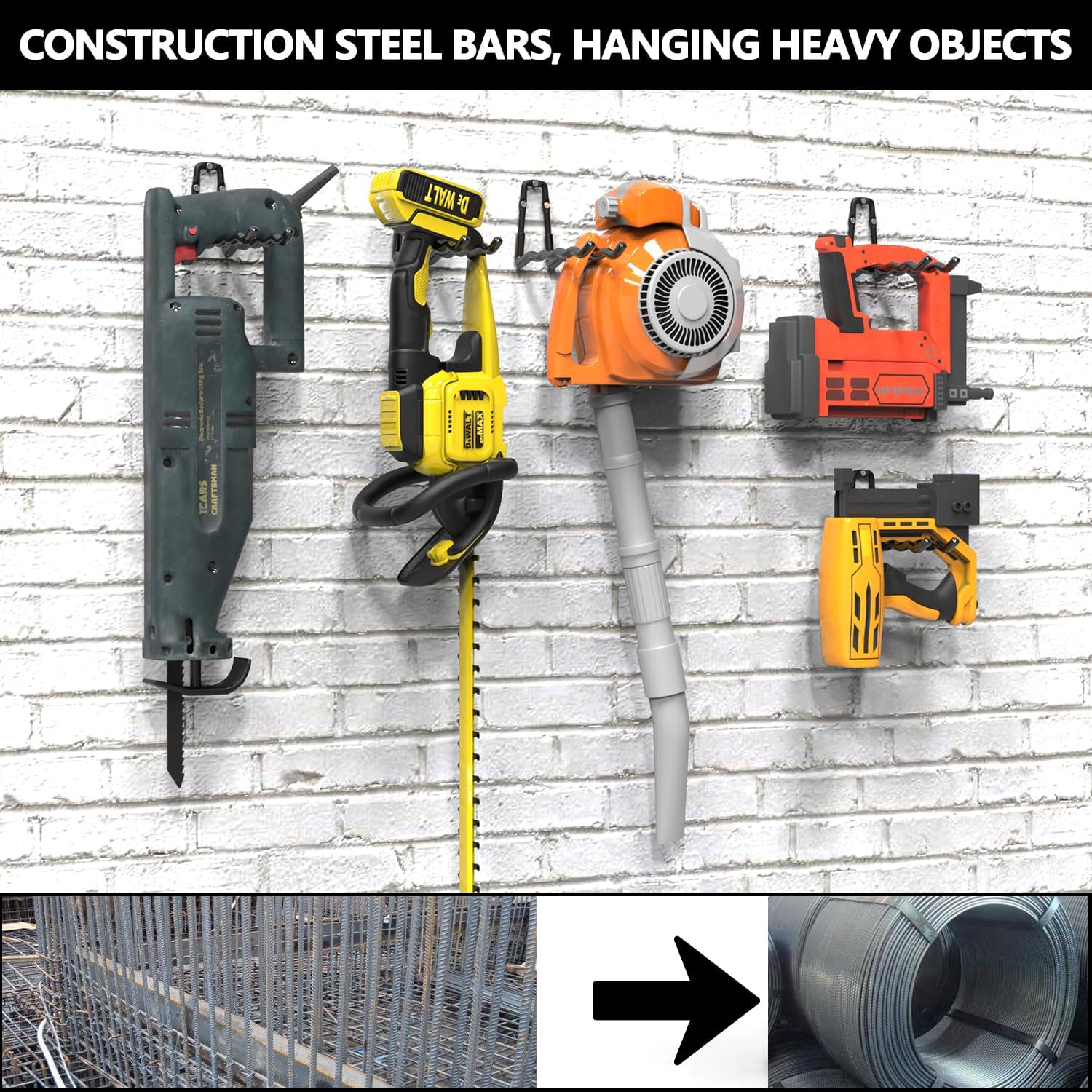 3-H Heavy Duty Garage Hooks 6 Pack, One-Piece Construction Garage Wall Hooks, Garage Hanger & Organizer Wall Mount for Ladders, Bikes, Chairs, WeedEaters, Shovels, Garden Tools (Black)