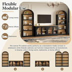 3-Piece Farmhouse TV Stand Set with Bookshelf for TVs Up to 70", Two-Tone Wood Grain Entertainment Center with Arched Design, Retro Sideboard with Tempered Glass Doors for Living Room (Black+Walnut)