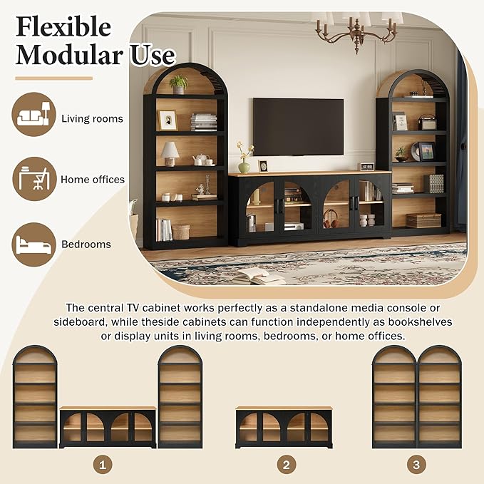 3-Piece Retro TV Stand Set with Bookshelf, Entertainment Center with Arched Design for TVs up to 70'', Farmhouse Media Console with Tempered Glass Doors for Living Room, Black