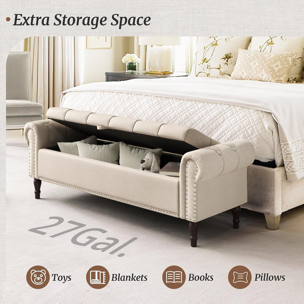 Cozyman Storage Bench Ottoman, 61" King Linen Rolled Arm Bedroom End of ...