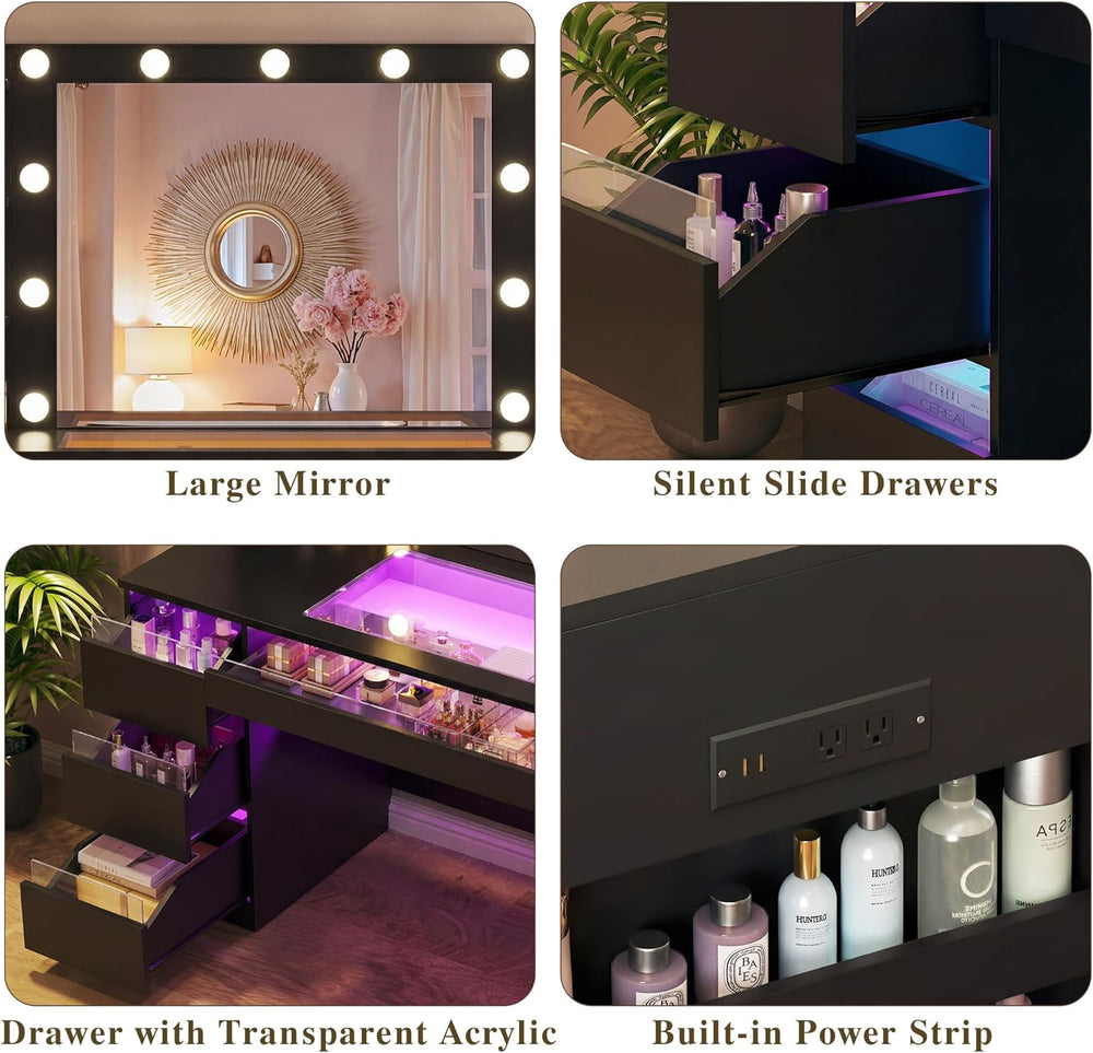 HUAHUU Vanity Desk with Lighted Mirror & Transparent Top, Makeup Vanity D...