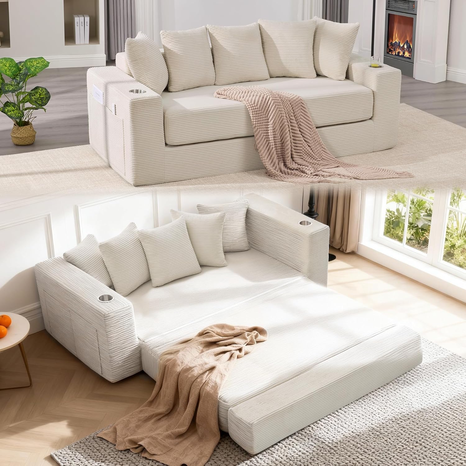 76" Convertible Sofa Bed, Corduroy Boneless Couch with Cup Holders & Pocket | 2-in-1 Sleeper Sofa, Pull-out Couch Bed with 5 Pillows, Living Room, Small Spaces, Bedroom, No Assembly