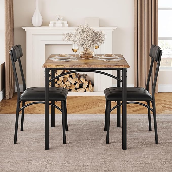 2-Person Dining Table Set (3 Pieces) - Square Kitchen Table with Upholstered Chairs | Ideal Small Space Dining Set for Apartments, Studios | Compact Kitchen Dining Set for 2 Adults/Kids
