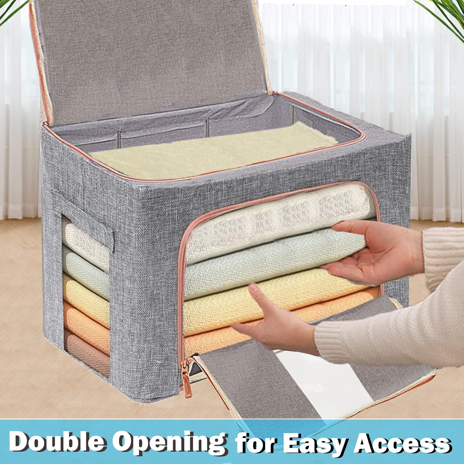 Large Storage Bags,Stackable Clothes Storage Bins with Hold Shape Metal Frame,Foldable Closet Organizer Containers with Zipper,Clear Window,Thick Fabric for Seasonal Clothing (Beige, 100L x 4 Pack)