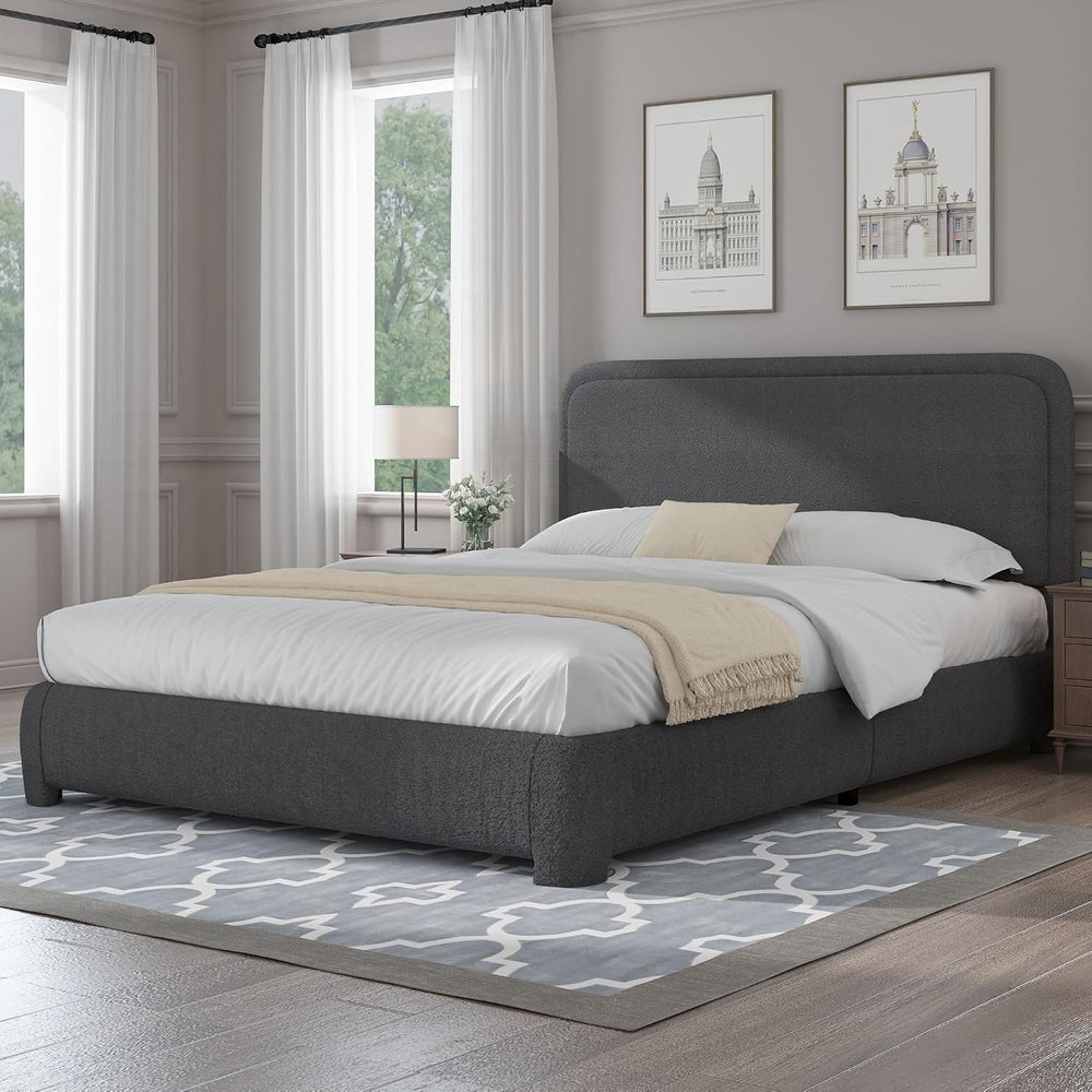 BarnFurin Queen Bed Frame, Cloud Boucle Headboard, Rounded Corners, Grey