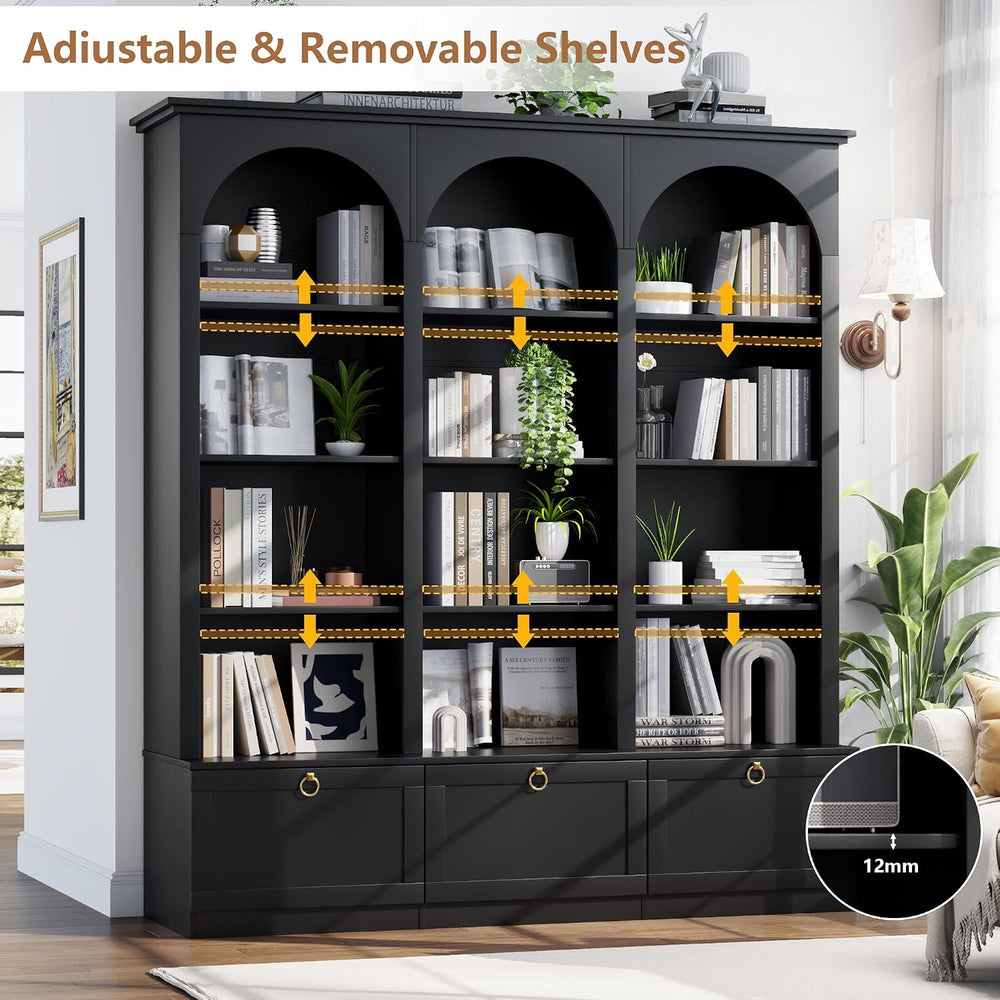 71" Tall Triple Wide Bookshelf with Doors, 5-Tier Large Arched Bookcase