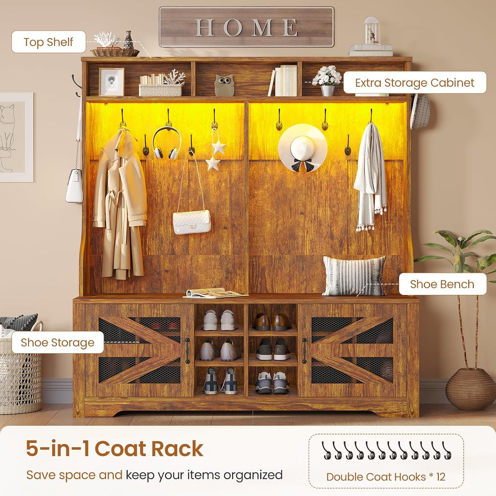 Itaar Hall Tree with Bench and Shoe Storage, 5-in-1 Entryway Bench with Coat Rack, 16 Shoe Cubbies & 12 Coat Hooks, Barn Door & Adjustable Shelf (Rustic Brown)