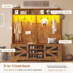 Itaar Hall Tree with Bench and Shoe Storage, 5-in-1 Entryway Bench with Coat Rack, 16 Shoe Cubbies & 12 Coat Hooks, Barn Door & Adjustable Shelf (Rustic Brown)