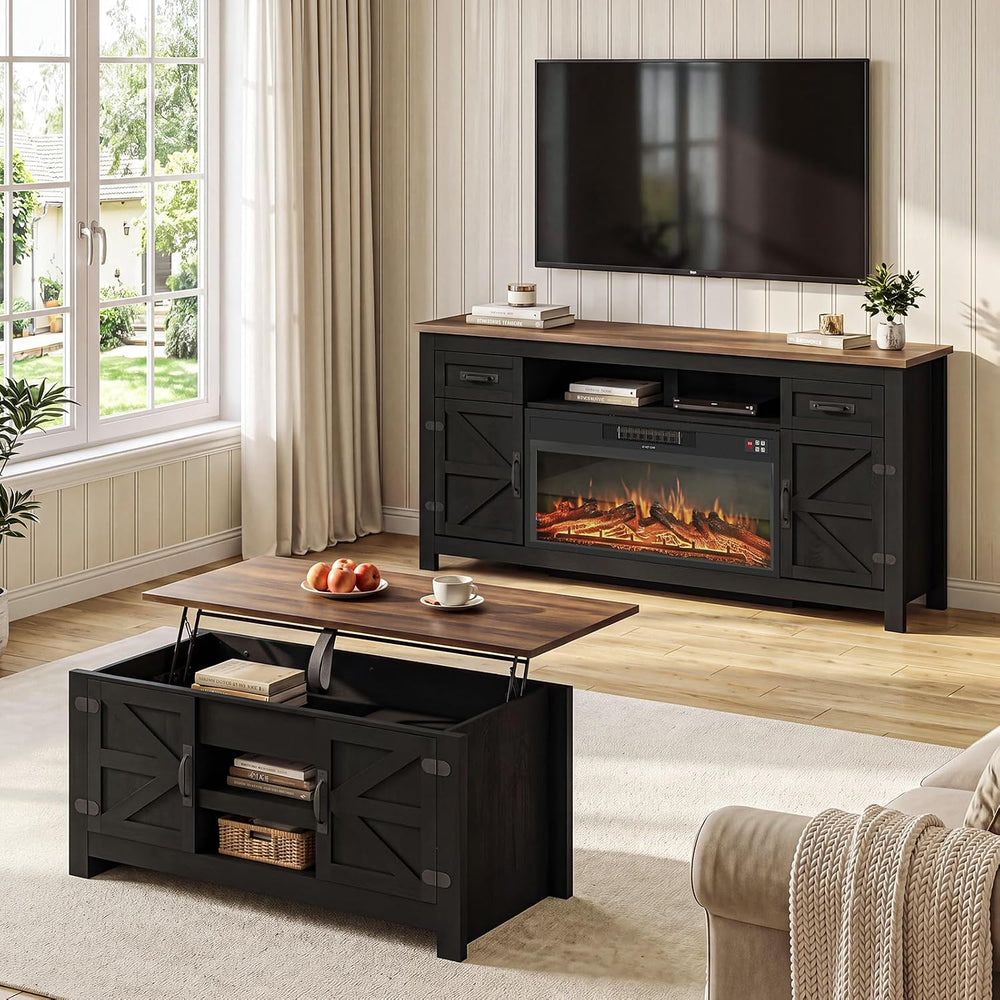 Farmhouse Living Room Table Sets of 2, 70 inch, Black | Includes 70 inch TV S...