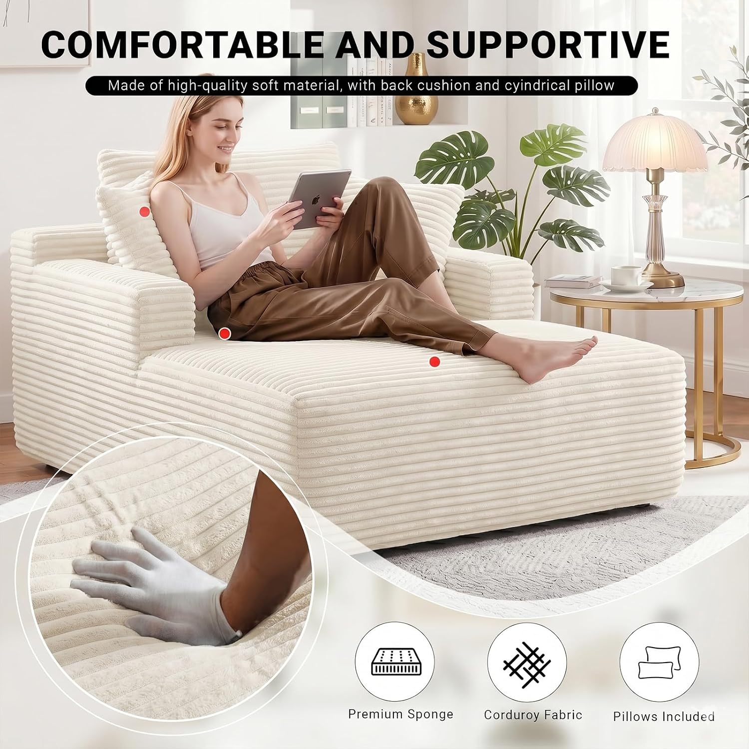 50" Chaise Lounge Chair Indoor, Oversized Boneless Cloud Couch Chair with 3 Pillows, Deep Seat Sleeper Chairs, Reading Chair for Living Room, Bed Room, No Assembly Required, Beige
