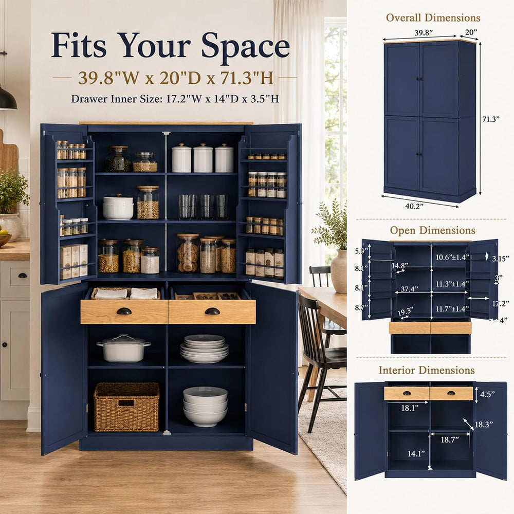 71" Tall Kitchen Pantry Storage Cabinet with 8 Door Shelves and 2 Storag...