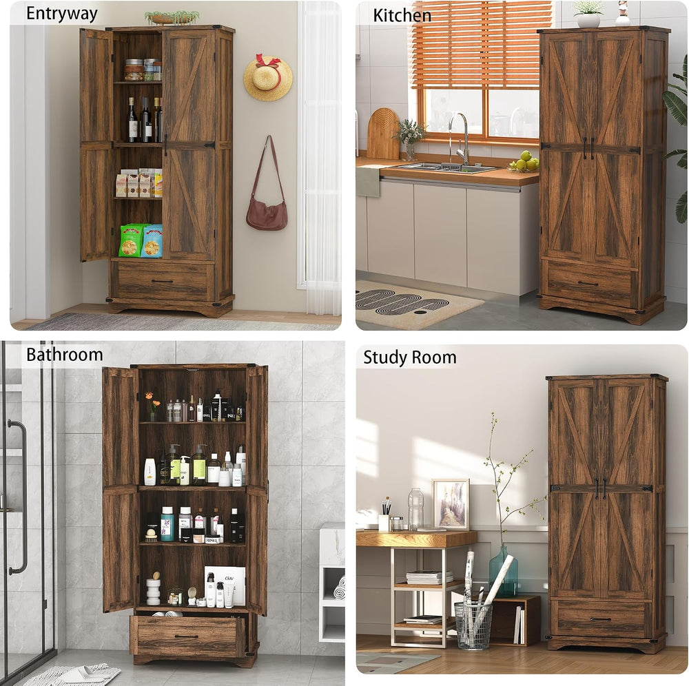 71" Farmhouse Kitchen Pantry Storage Cabinet with Drawer & 2 Barn Do...
