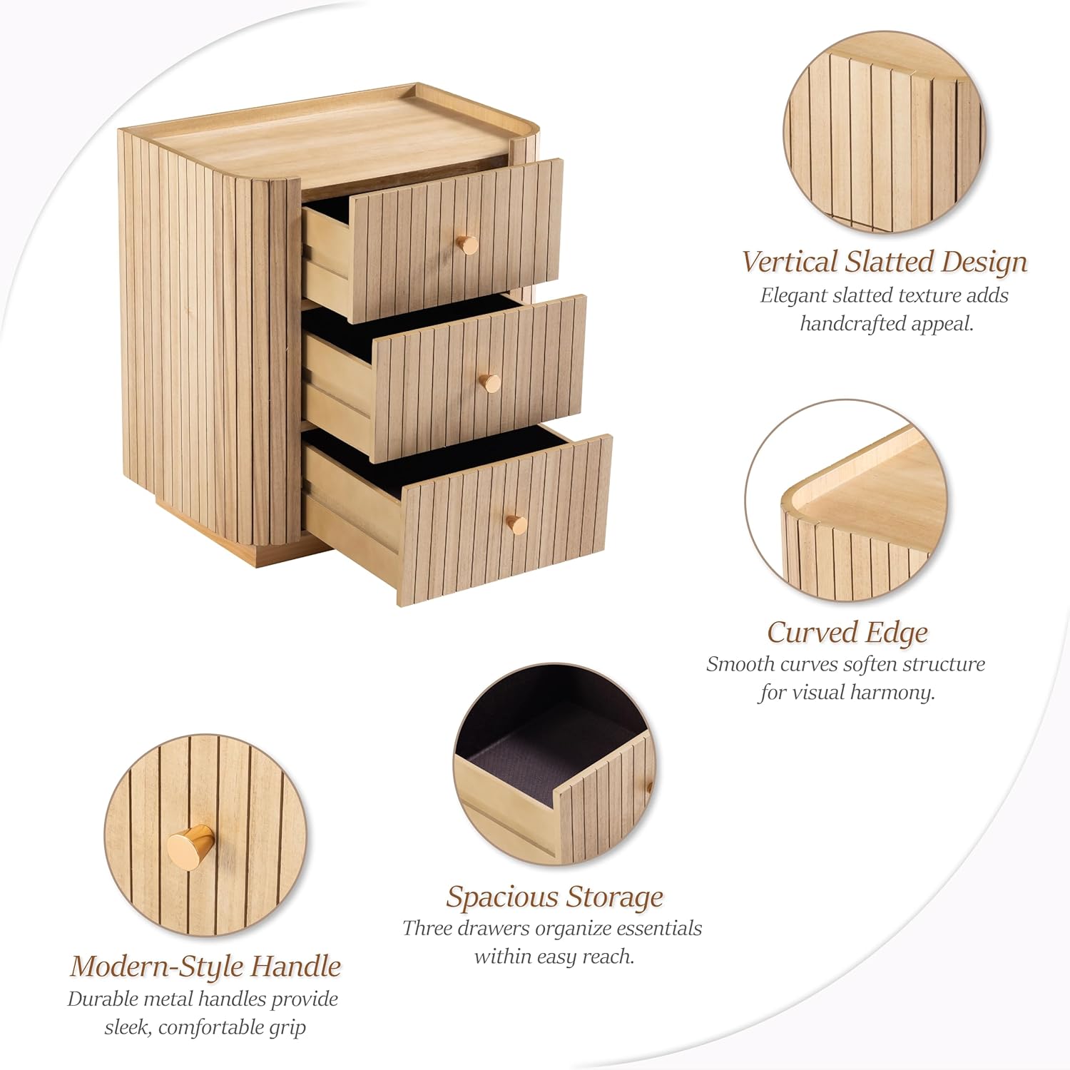 COZAYH Farmhouse 3 Drawer Wood Nightstand with Vertical Slatted Wood, Rustic Curved Edge Dresser with Metal Handles, Modern Design Bed Side Table with Recessed Tray Top for Bedroom, Office (Natural)