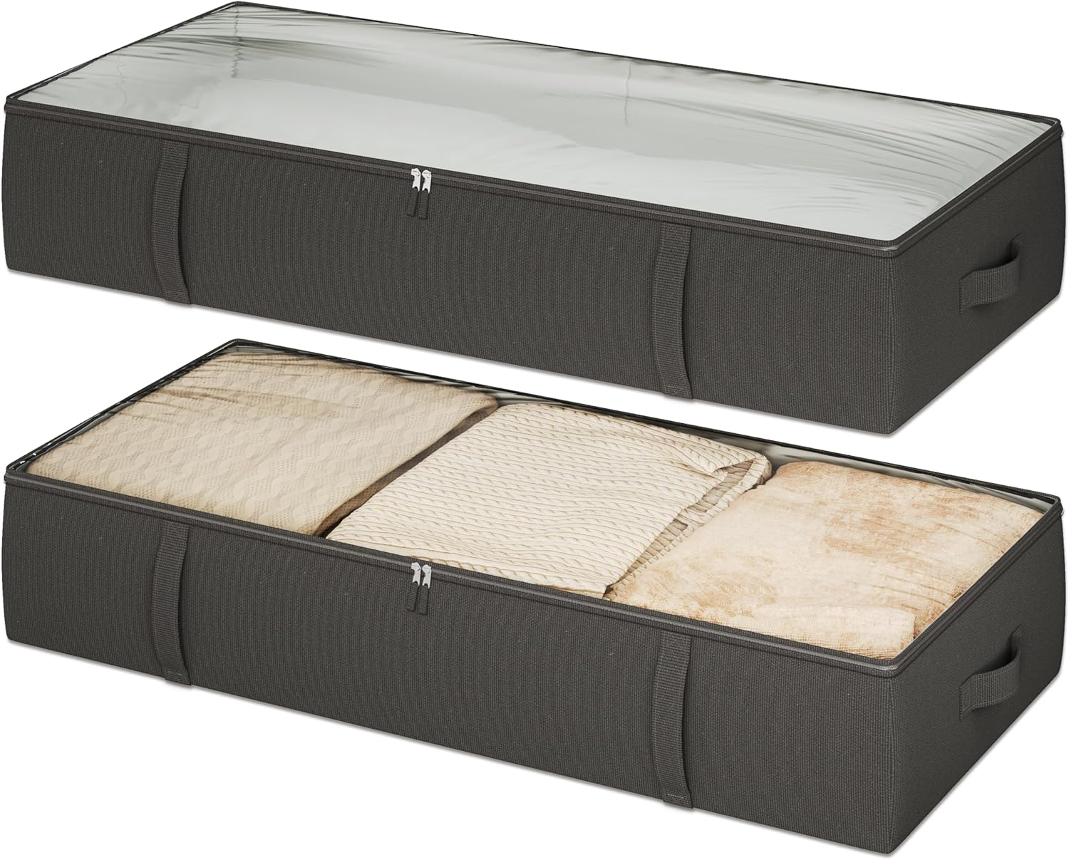 2-Pack Under Bed Storage Containers, 8 Inches Tall Underbed Clothes Storage Organizer Bin with Sturdy Sidewalls/Bottom, Under the Bed Storage Bags 2 Storage Bins, Black