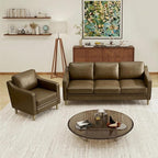 Kingfun Living Room Furniture Sets, 3 Seater Couch and Armchair, Mid Century Modern Sofa Set, Faux Leather Couch with Solid Wood Frame for Living Room & Bedroom, Olive Green