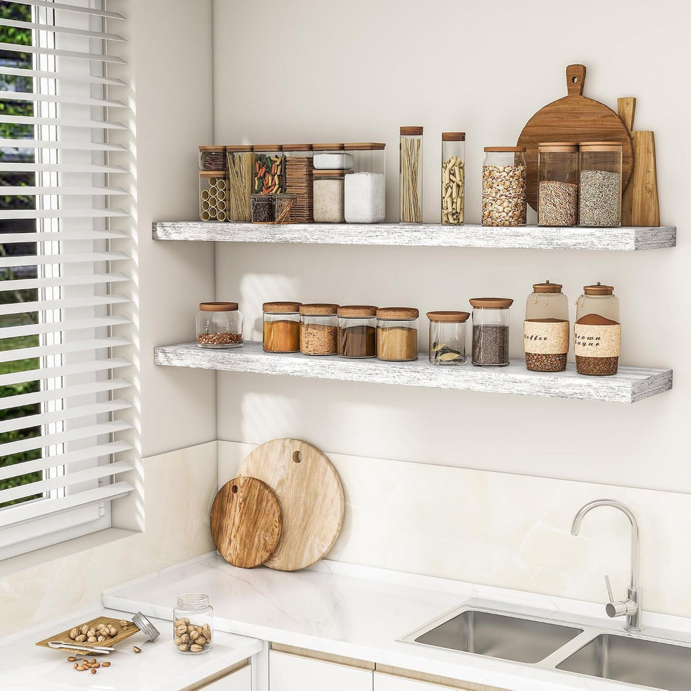 RICHFOCUS Long Floating Shelves for Wall 2Pack|Rustic White|55" Lx8 D