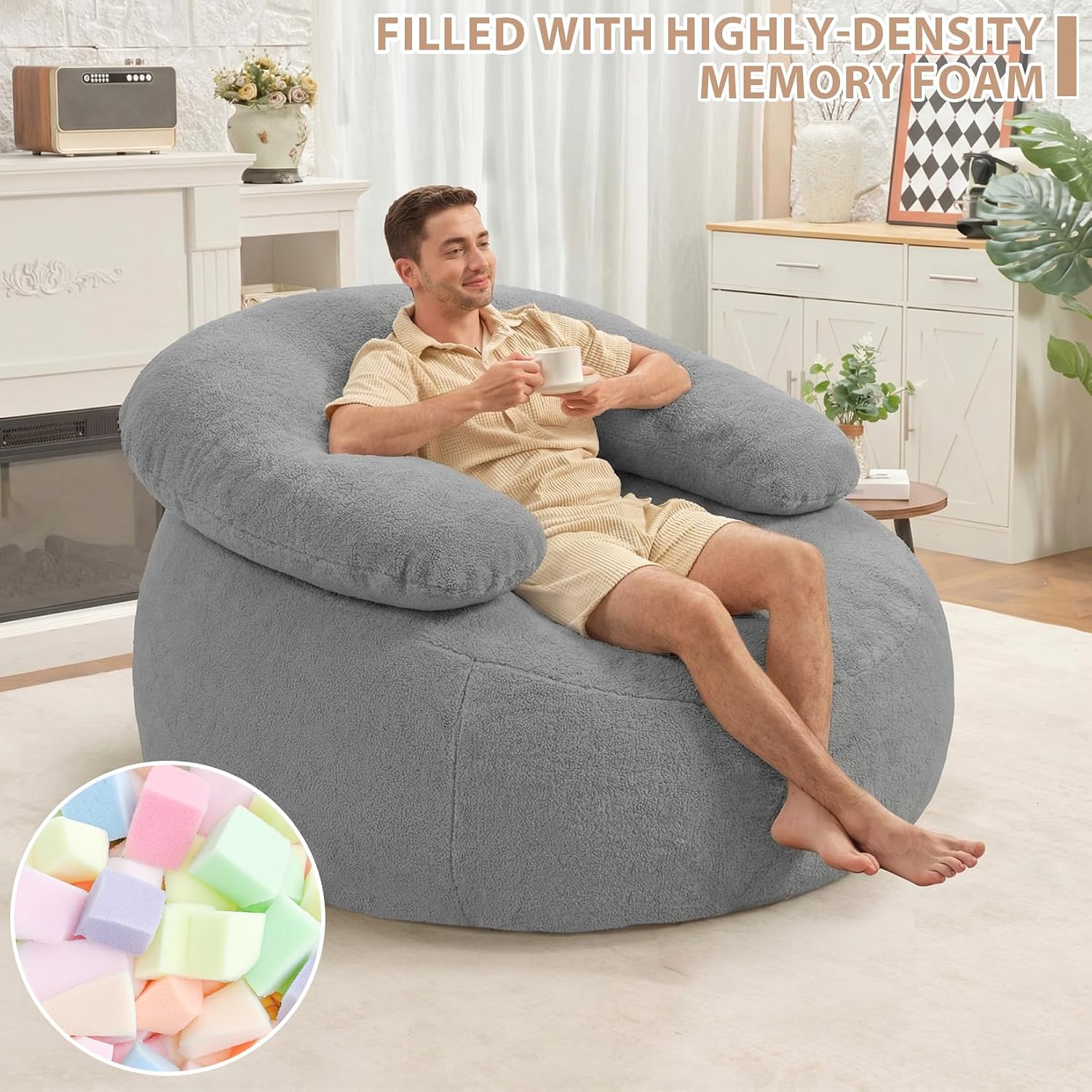 HABUTWAY Giant Bean Bag Chair, Oversized Beanbag Chair with Filler, Ultra Soft Teddy Fleece Bean Bag Lounge Floor Sofa w/U-Shaped Pillow for Gaming, Reading, Light Grey & Light Grey
