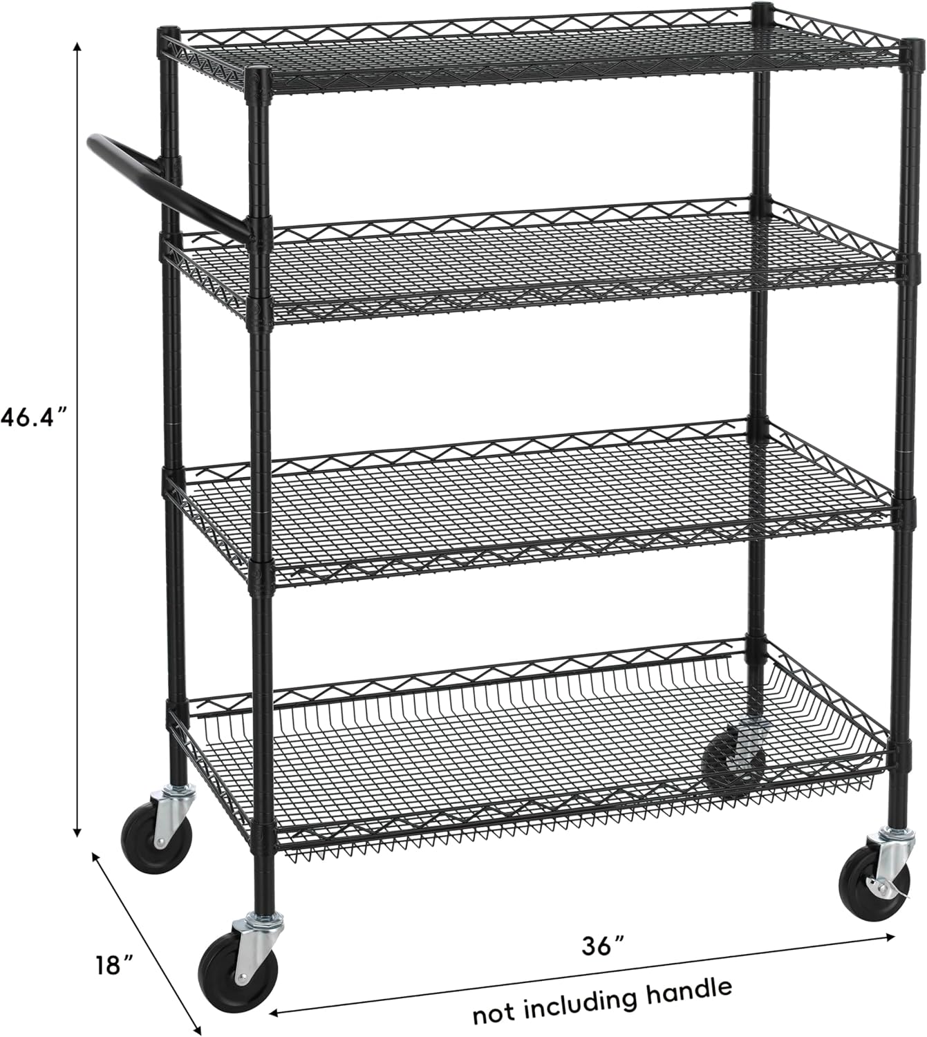 Finnhomy 4 Tier Heavy Duty Commercial Grade Rolling Cart with Handle Bar, Metal Wire Utility Cart with Wheels, Service Trolley on Wheels, Shelf Size 18" D x 36" W, NSF, Black