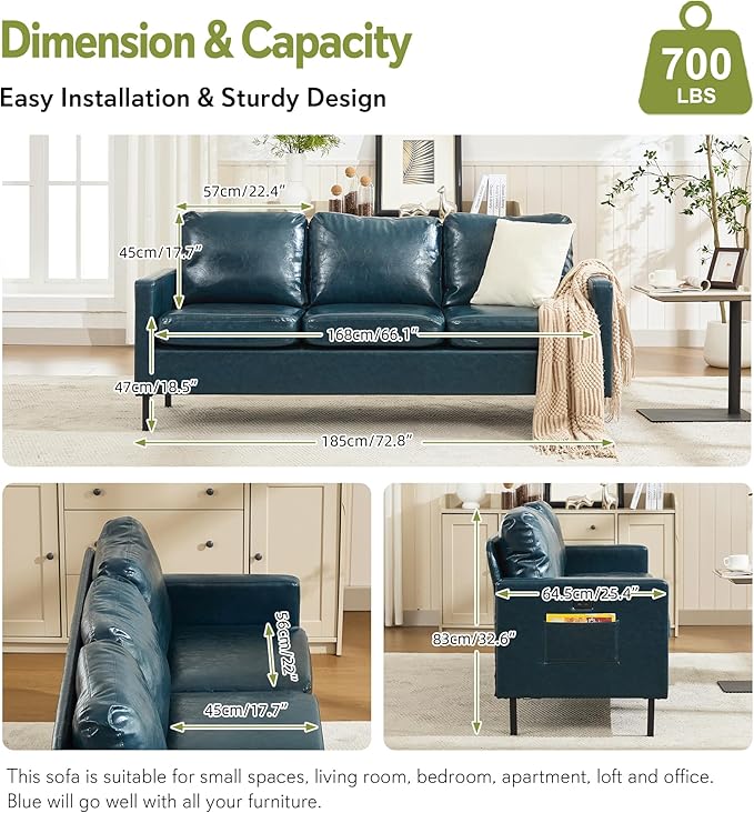 STHOUYN 73" W Faux Leather Couch w/ 2 USB, Leather Sofa w/Side Pockets, Wooden Frame 3 Seat Couch for Livingroom, Office, Apartment (Blue, 3 Seater)