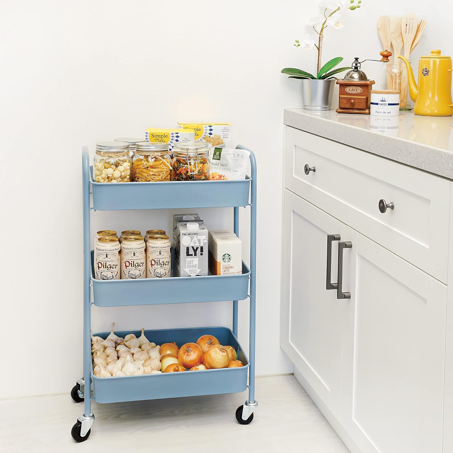 CAXXA 3-Tier Rolling Metal Storage Organizer - Mobile Utility Cart with Caster Wheels, Blue