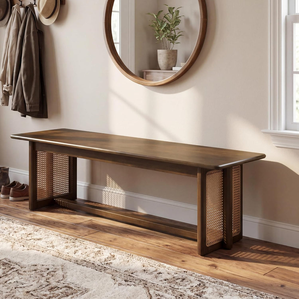 Merax Rustic Rubber Wood 59.06''L Rectangular Dining Bench with Ratta...