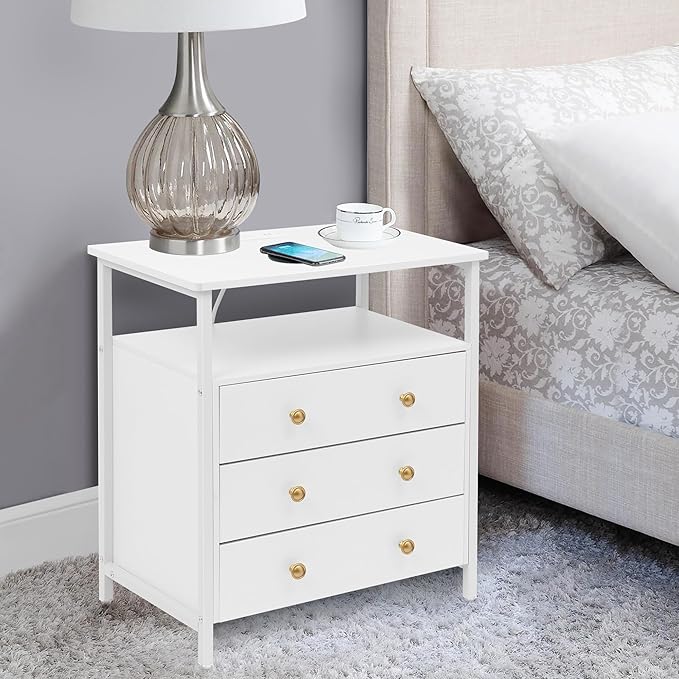 3 Wooden Drawers Nightstand, 27 Inch Wide Night Stand Set 2 with Charging Station and Adjustable Drawers, Bedside Table for Living Room/Bedroom/Office, White.