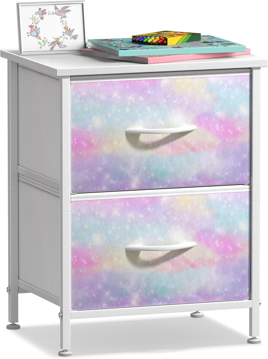 Sorbus Nightstand with 2 Drawers - Kids Bedside Furniture End Table Night Stand - Steel Frame, Wood Top & Easy Pull Fabric Bins - Dresser & Chest for Home, Bedroom Accessories, Office & College Dorm
