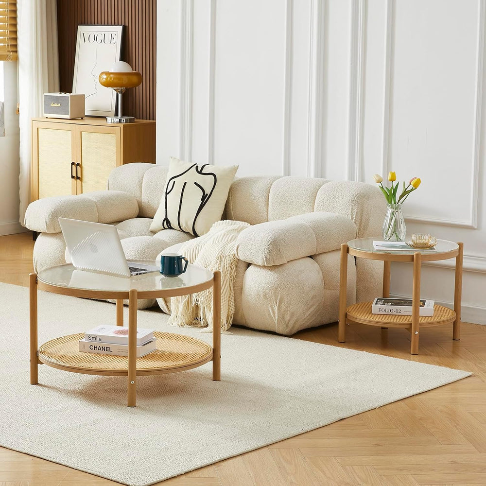 Boho Rattan Coffee Table Set of 2, Round Glass Living Room Table Set | Temper...