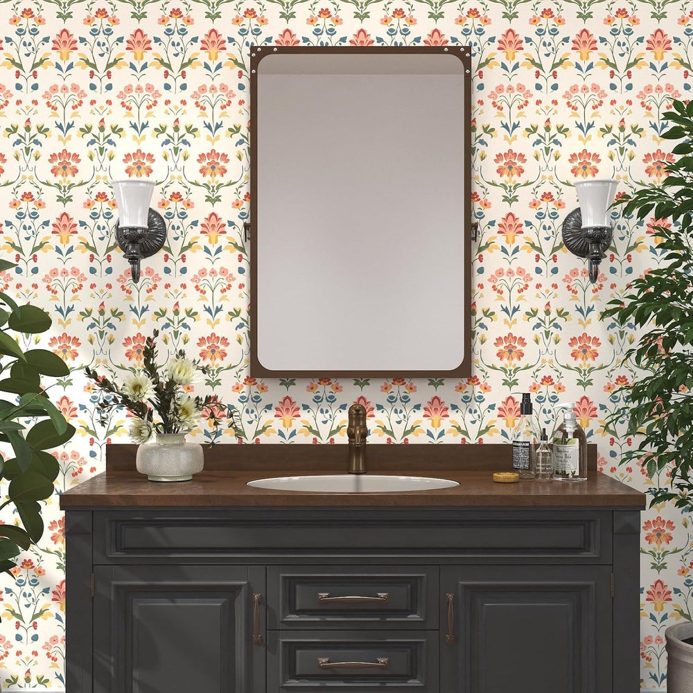 Vintage Cream Folk Art Floral Peel and Stick Wallpaper 17.5" x 197"
