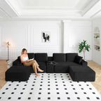 125" Oversized Sectional Couches for Living Room, Modern Boneless Cloud Couch with Ottoman,USB Port&Cup Holders, Comfy Corduroy Modular Sectional U Shape Sofa Couch for Apartment,Black Couch in a Box