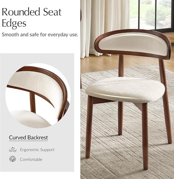 HULALA HOME Dining Chairs Set of 2 Mid-Century Modern Fabric Upholstered Dining Room Chairs Kitchen Side Chair with Open Curved Back, Walnut Rubber Wood Legs, Dinner Chairs for Living Room, Beige