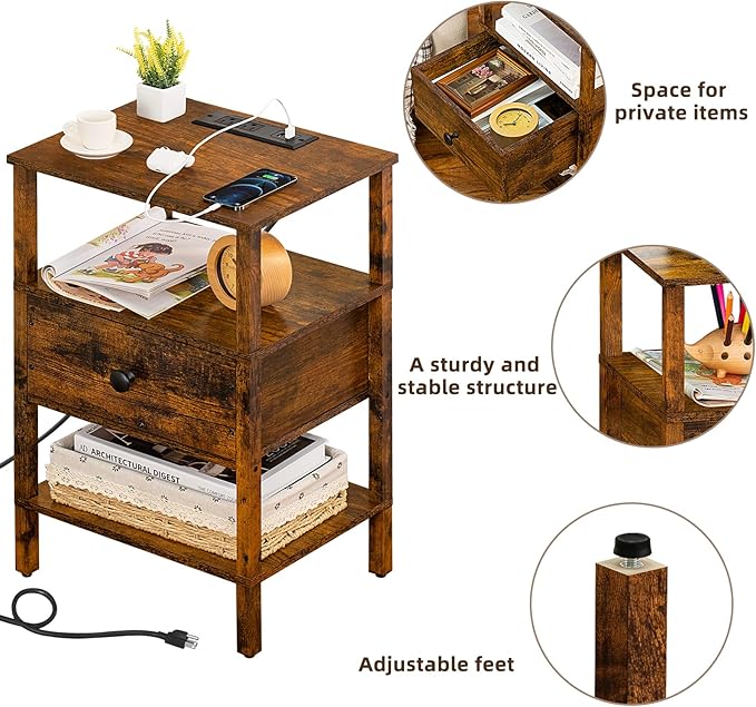 Lerliuo Nightstand with Charging Station and USB Ports, 3-Tier Storage End Ta...