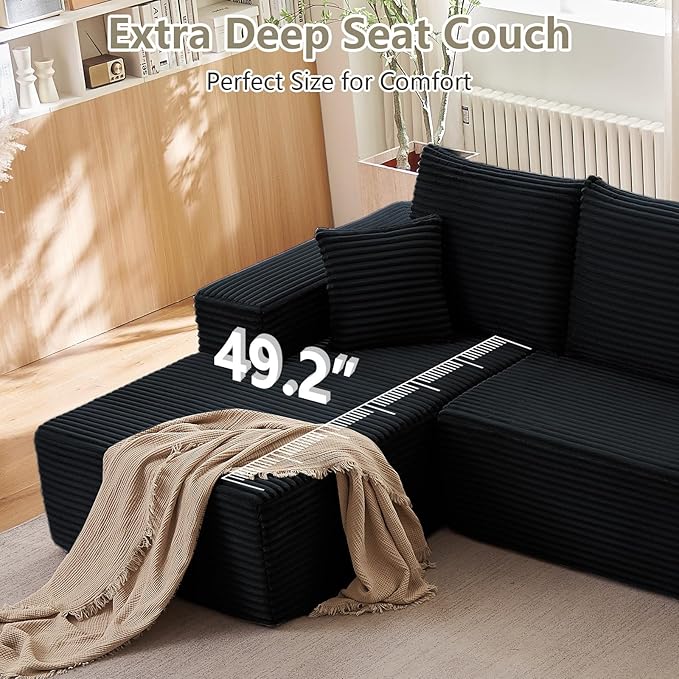 166.9" Cloud Sectional Couch with L-Shape Chaise, Modern Modular Comfy Sofa Chaise Longue, Upholstered Corduroy Couches Sleeper with Deep Seat for Living Room Bedroom, No Assembly Required, Black