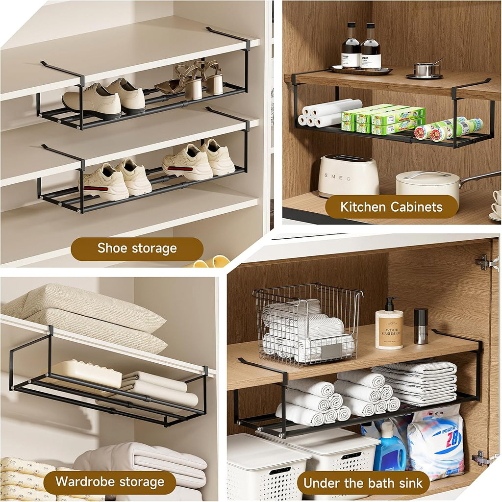 UFORU 4PC Expandable Shoe Rack for Closet,Hanging Shoe Rack Organizer,Black | Shoe Shelf Dividers,Adjustable Under Cabinet Shelf,Under Shelf Storage for Kitchen, Book, Clothing Storage and Organization