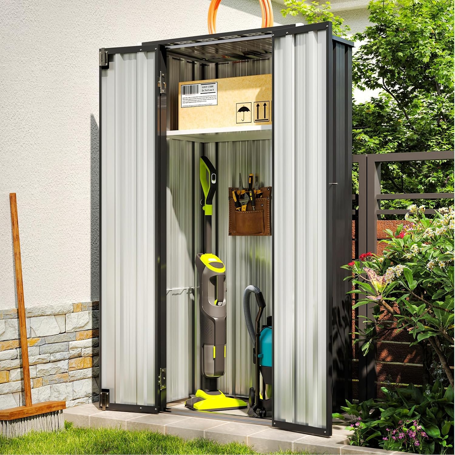 Aoxun 22 Cu.Ft Outdoor Storage Cabinet Metal Garden Shed with 2 Adjustable Shelves 3 Layer Waterproof Vertical Storage Shed for Patio Garden, Garage, Porch